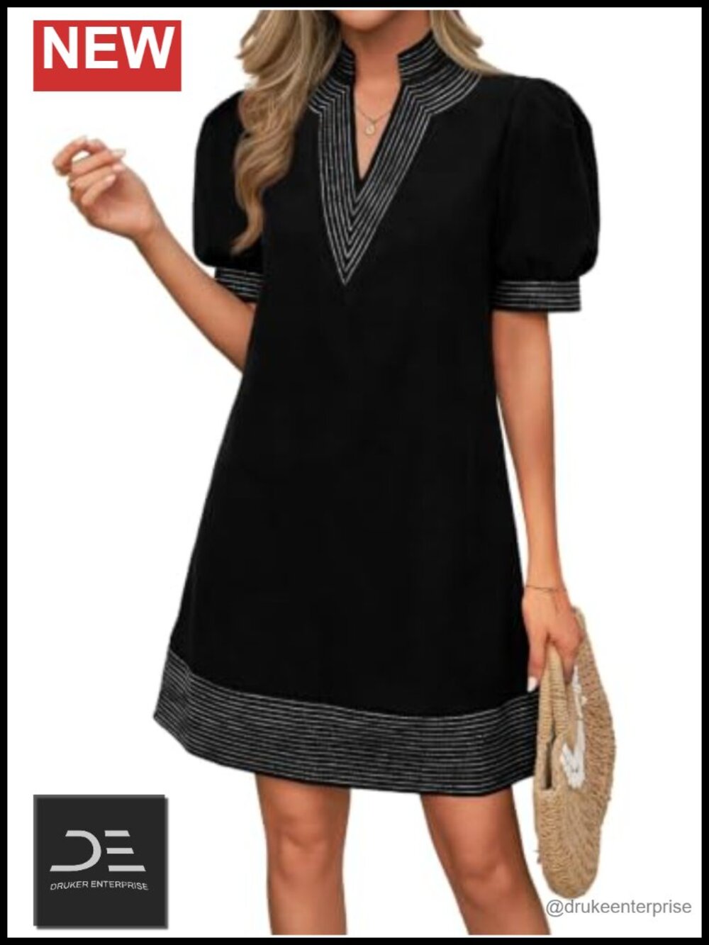 Womens Summer V Neck Puff Short Sleeve Boho Mini Shift Dress with Pockets